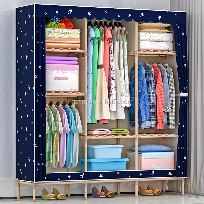 Portable Foldable Wardrobe Solid Wood Armoire Storage Organizer with Curtain Cloth Capacious & Sturdy 5 Cubes+3 Hanging Sections