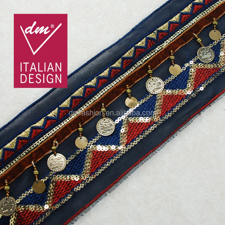 Ethnic style boho trim with fringe, embroidery indian beaded lace trim with copper sheet
