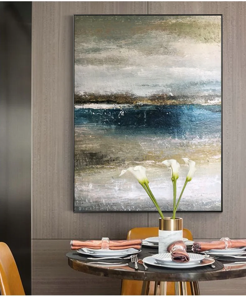 Abstract Artwork Painting Oil Wall Art Village Living Room Decorative Handpainted Canvas Blue Color Oil Painting Green Leaves