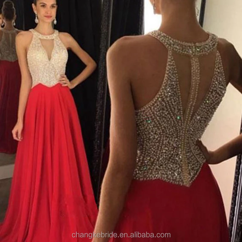 
High quality New Collection Women Party Dresses Beaded Real Photo Long Chiffon Halt Prom Dress 2017 