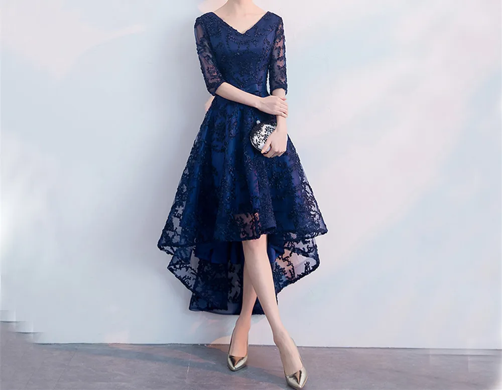 Lace V Neck Half Sleeves Navy Blue High Low prom gowns