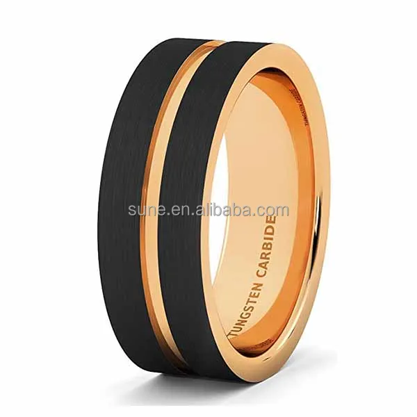 
black and rose gold plating brush finished center grooved pip cut tungsten carbide rings for mens jewelry 