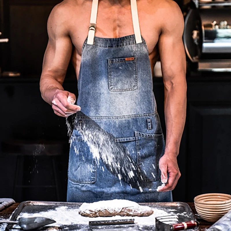 
Jeans Handsome and cool work custom apron bartender adjustable size aprons Kitchen Work BBQ Customized denim aprons kids barista 
