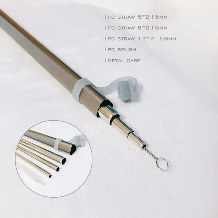 Reusable Stainless Steel Straw with Case Cleaning Brush Aluminum Carrying Case 12mm 8mm 6mm Straight Drinking Straw Set