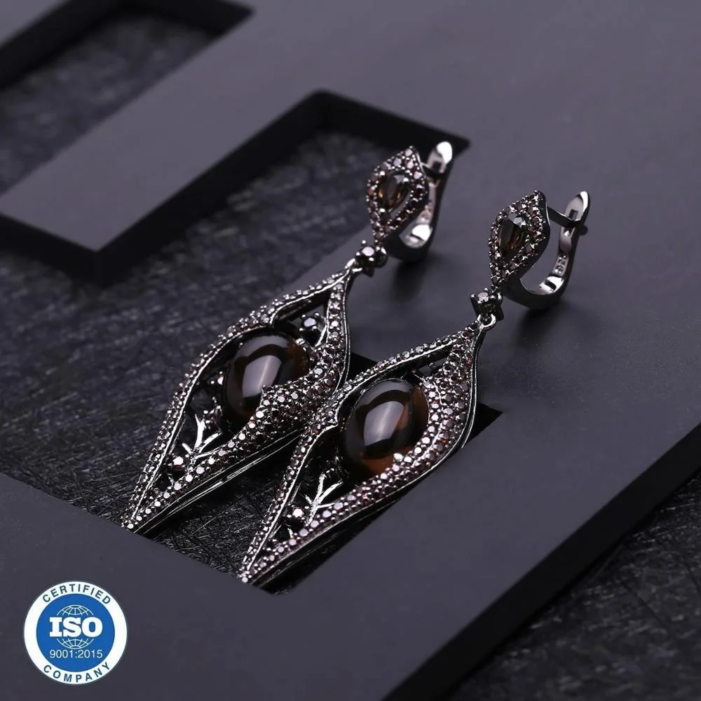 Abiding New Design Smoky Quartz Long Earrings 925 Sterling Sliver Vintage Gothic Drop Earrings  Women Party Jewelry