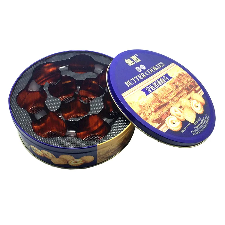 Offset Printing Big Round Biscuit Tin Packaging Box Tinplate Metal Cookie with Slip Lid
