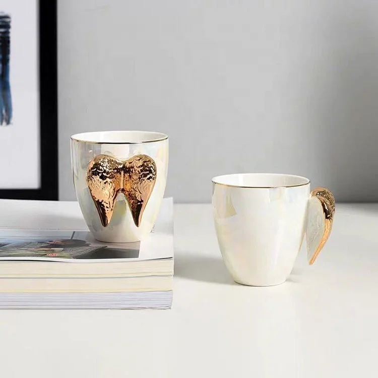 Handmade ceramic golden angel wings coffee cup mug