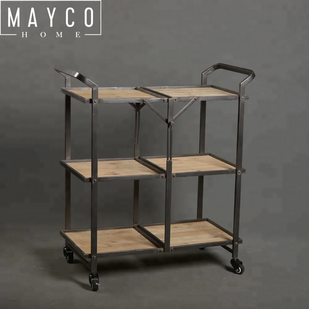 Mayco Modern Antique Vintage 3-Tiered Iron and Fir Wood Storage Serving Wine Bar Cart with Caster Wheels
