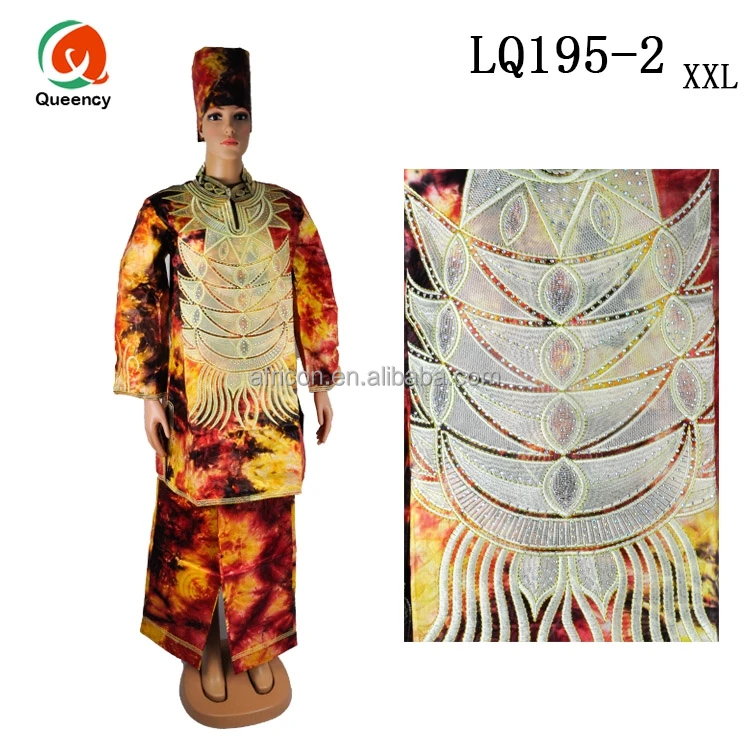 LQ192 Queency Fashion Style African Bazin Embroidery Design Dress with Head Scarf Plus Size