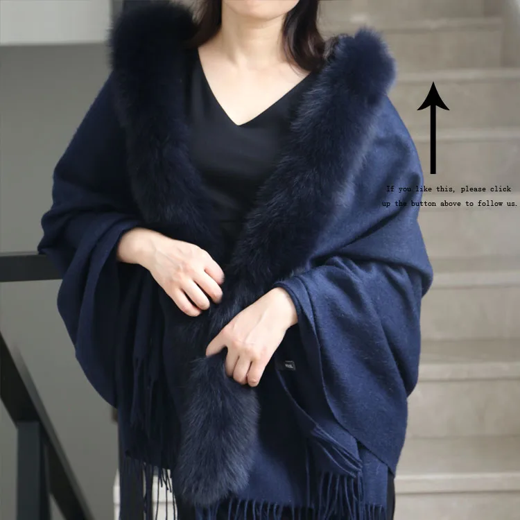 
Warm Plain Fox Fur Trim Tassel Wool Yarn Dyed Woven Long Big Shawls Stole Wrap For Women 
