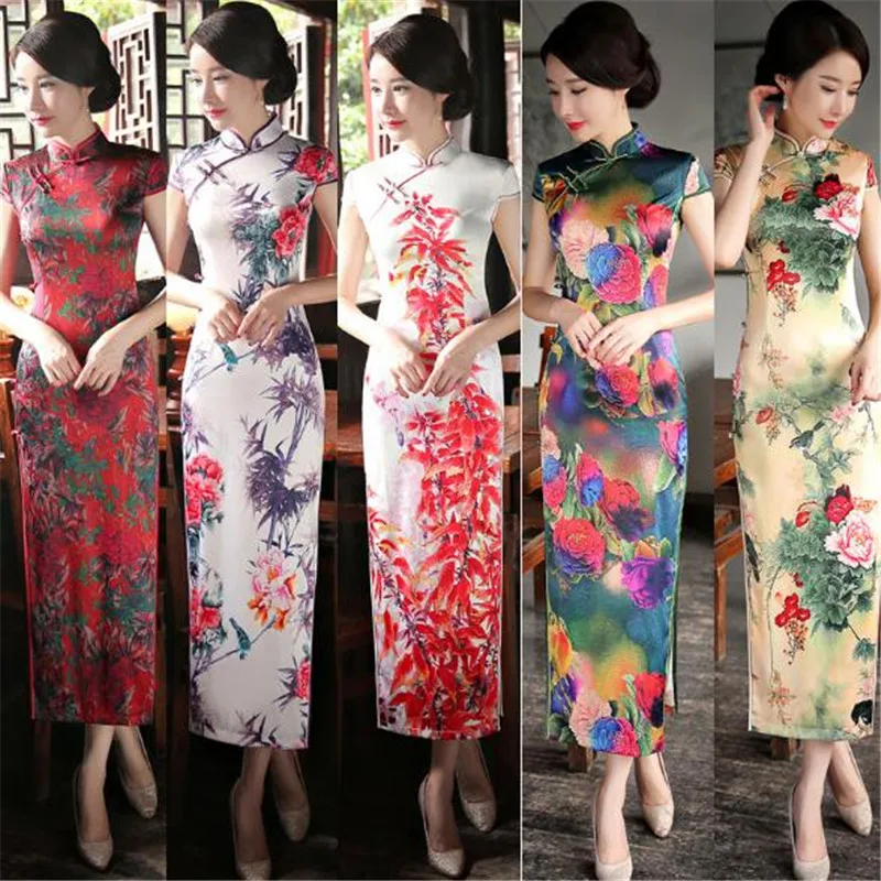 Женское винтажное платье Ципао элегантное облегающее с короткими рукавами и цветочным принтом в традиционном европейском китайском стиле 2018