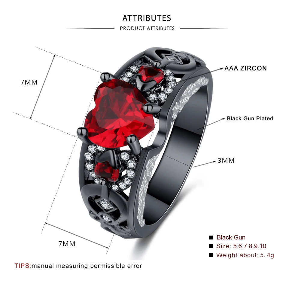 
Rings jewelry women heart shape stone black gun plating wedding band ring 