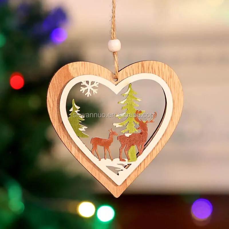 Wanuocraft 3D Love Heart Shape Christmas Tree Hanging Ornaments Decorations Wooden Pendant Tags For Wedding Festival