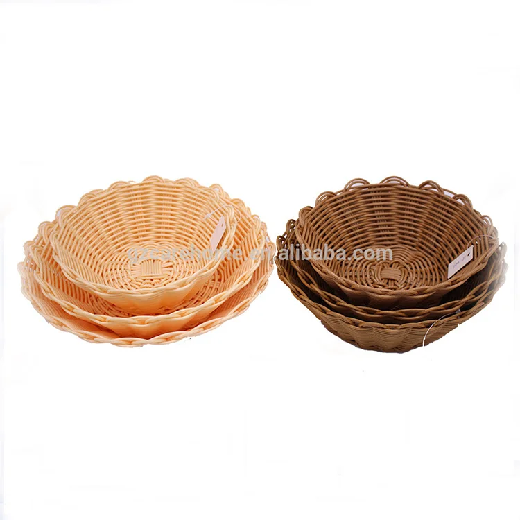 Flower-side graceful handweaved fruit italy Plastic Rattan  round lined basket for food or snack