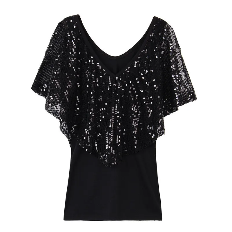 Summer Fashion Tops Women Flutter Sleeve V Neck Sequin Blouse Casual Solid Breathable Shirts
