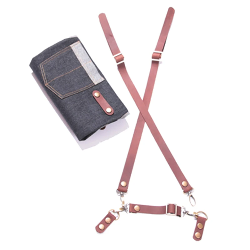 
Wholesale Black Denim Long Apron with Leather Strap adjustable apron for restaurant 