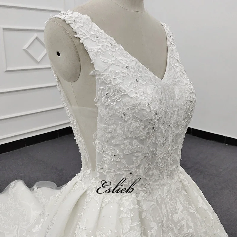 Eslieb 2019 luxury  corset wedding dress lace  floor-length V-neck sleeveless court Train ivory wedding dress bridal