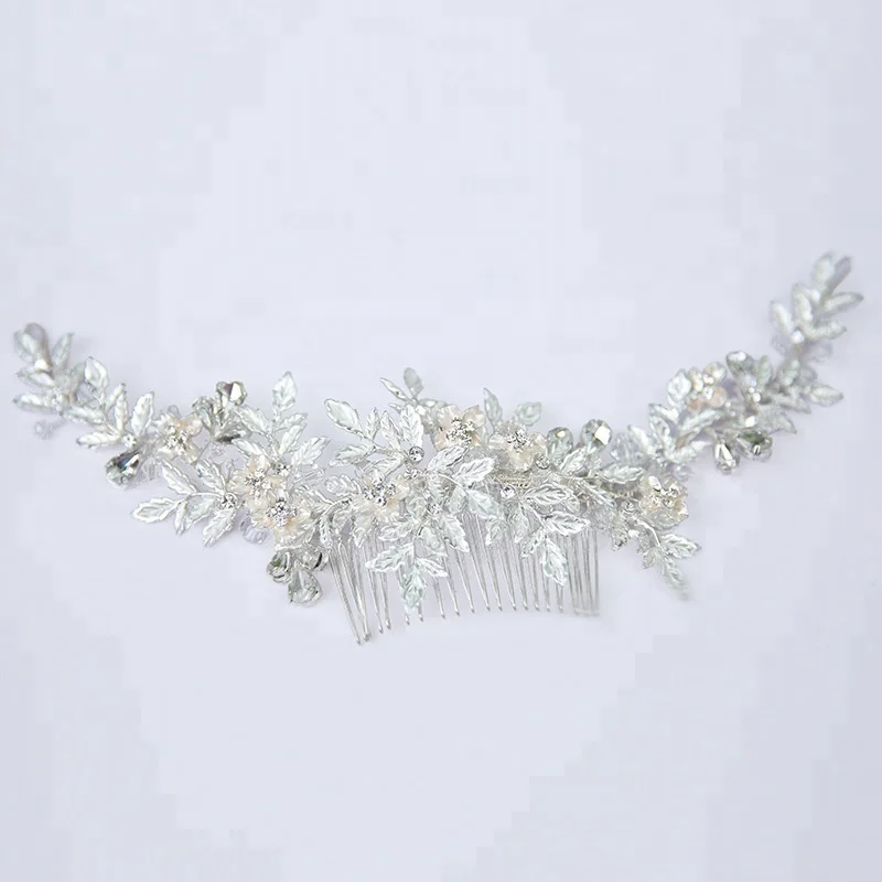 
Handmade Wedding Hair Comb Bride Silver Leaf Metal Hairbands Flower shape Crystal Hair combs For Women 