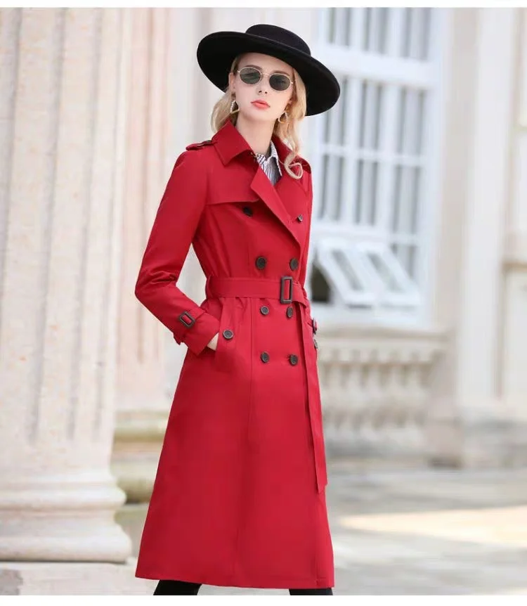 2021 Женский Тренч, длинный стиль, выше колена, 2021, популярная женская одежда, британский стиль, красный Тренч