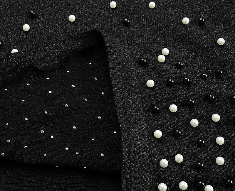 Women Simple bandage evening Half-high collar pearl Lady Cocktail Sequin Prom Dress