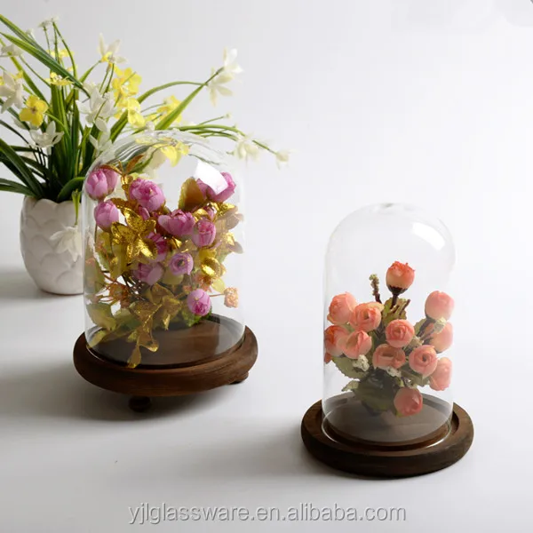 hot selling wholesale price available different sizes glass dome cloche with wood base
