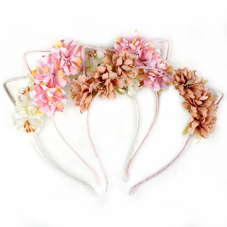 New Design Cute Hair Band Cat Ears pink Flower Headband For Girls