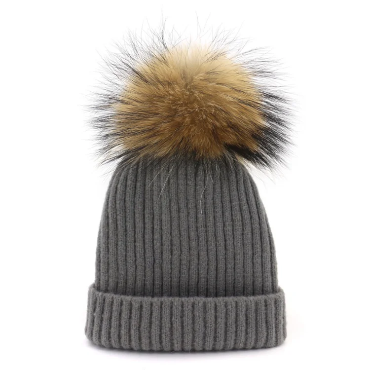 Custom real fur pom pom winter hat with detachable pompom beanie 100 soft acrylic ribbed beanie tuque