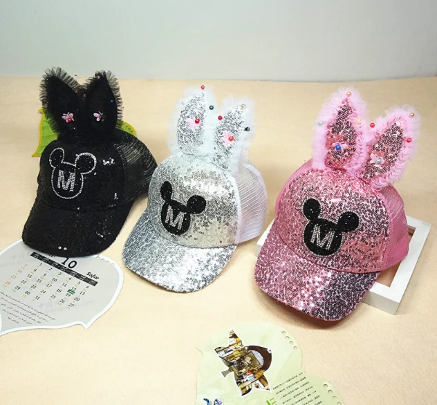 summer hot sell Sequined rabbit ears kids baseball caps