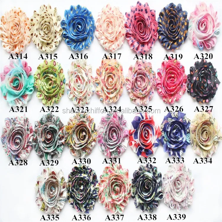
Wholesale decorative Shabby Flower trim By The Yards , Rosette Chiffon Fabric Flowers in printed polka-dots color 