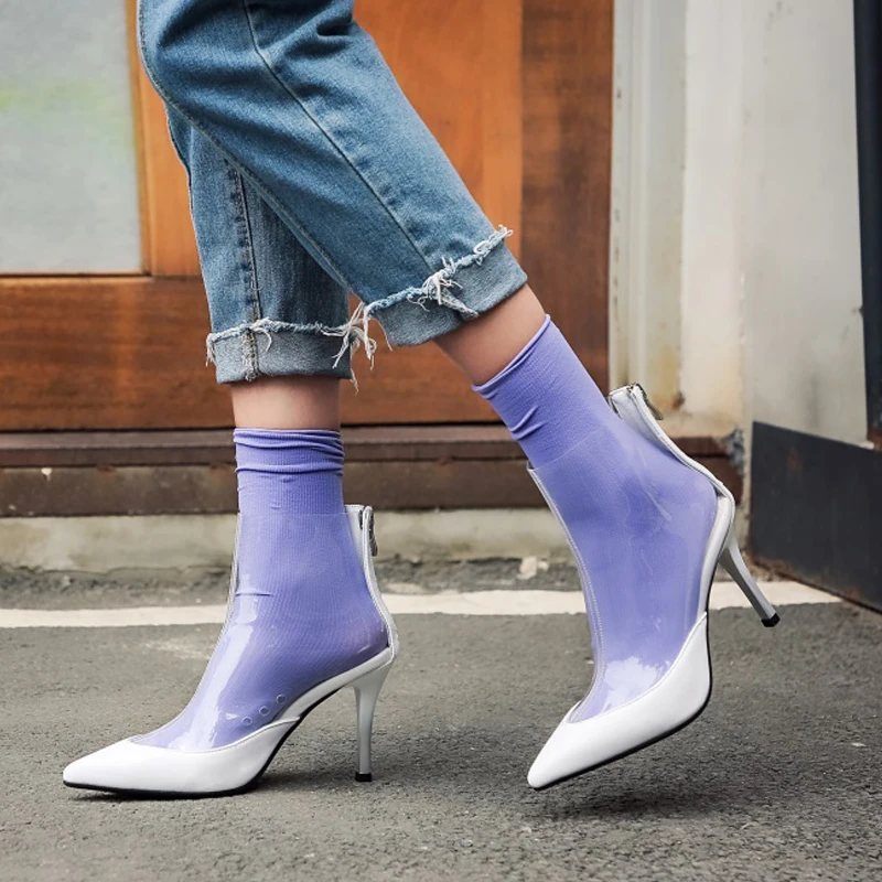 WETKISS Wholesale Big Size 42 Sexy Stiletto Shoes High Heel Boots Clear PVC Boots Ladies Transparent Ankle Boots for Women