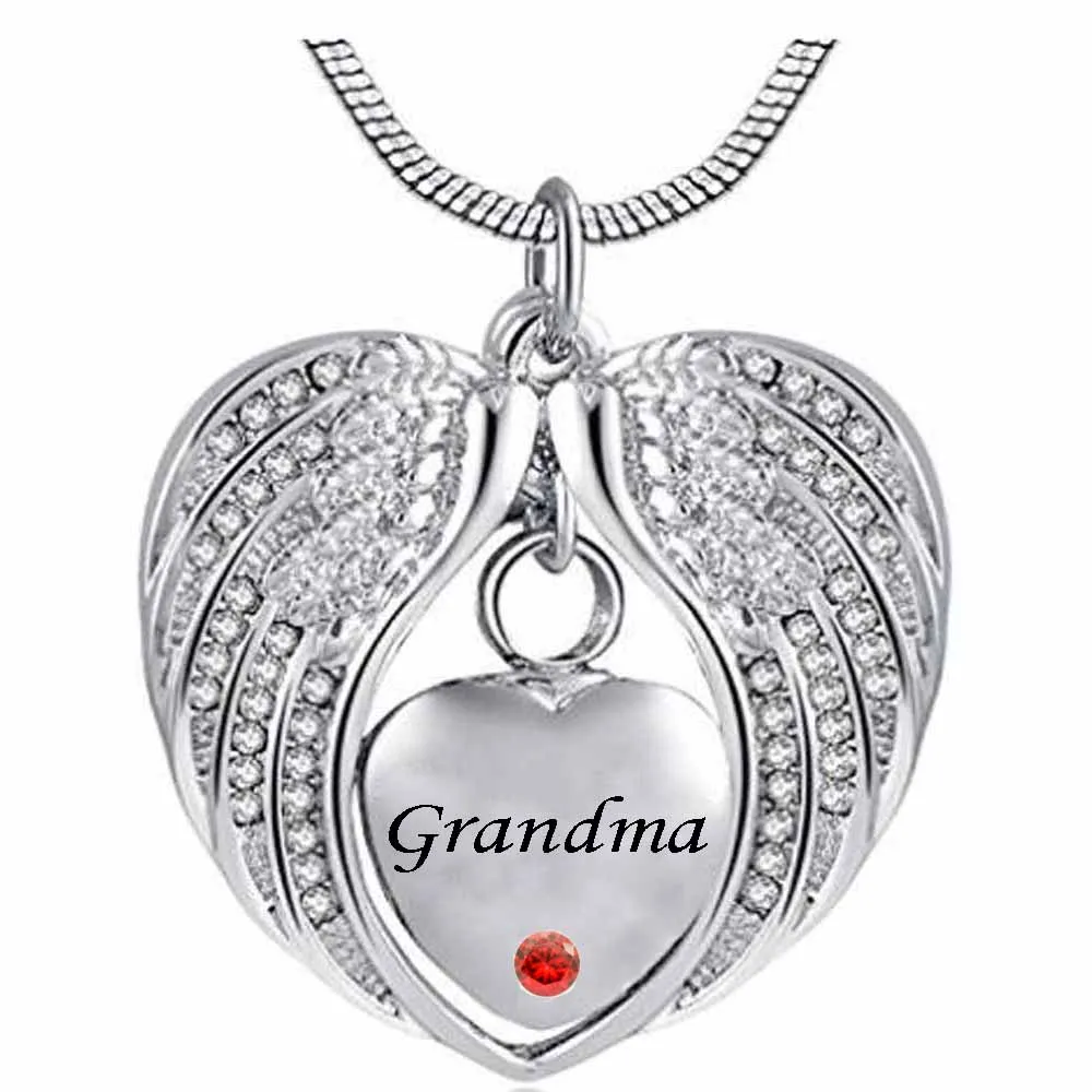 Cremation Jewelry Angel Wing birthstone Grandma Heart Pendant Memorial Urn Necklace