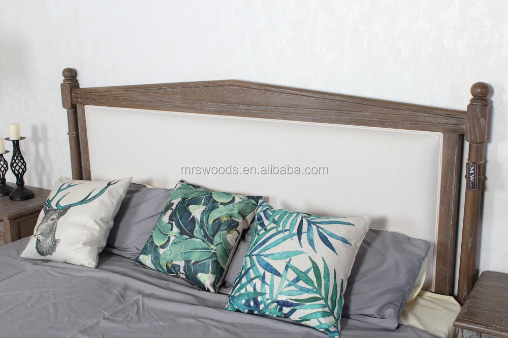 Linen upholstered french weathered oak bed frame