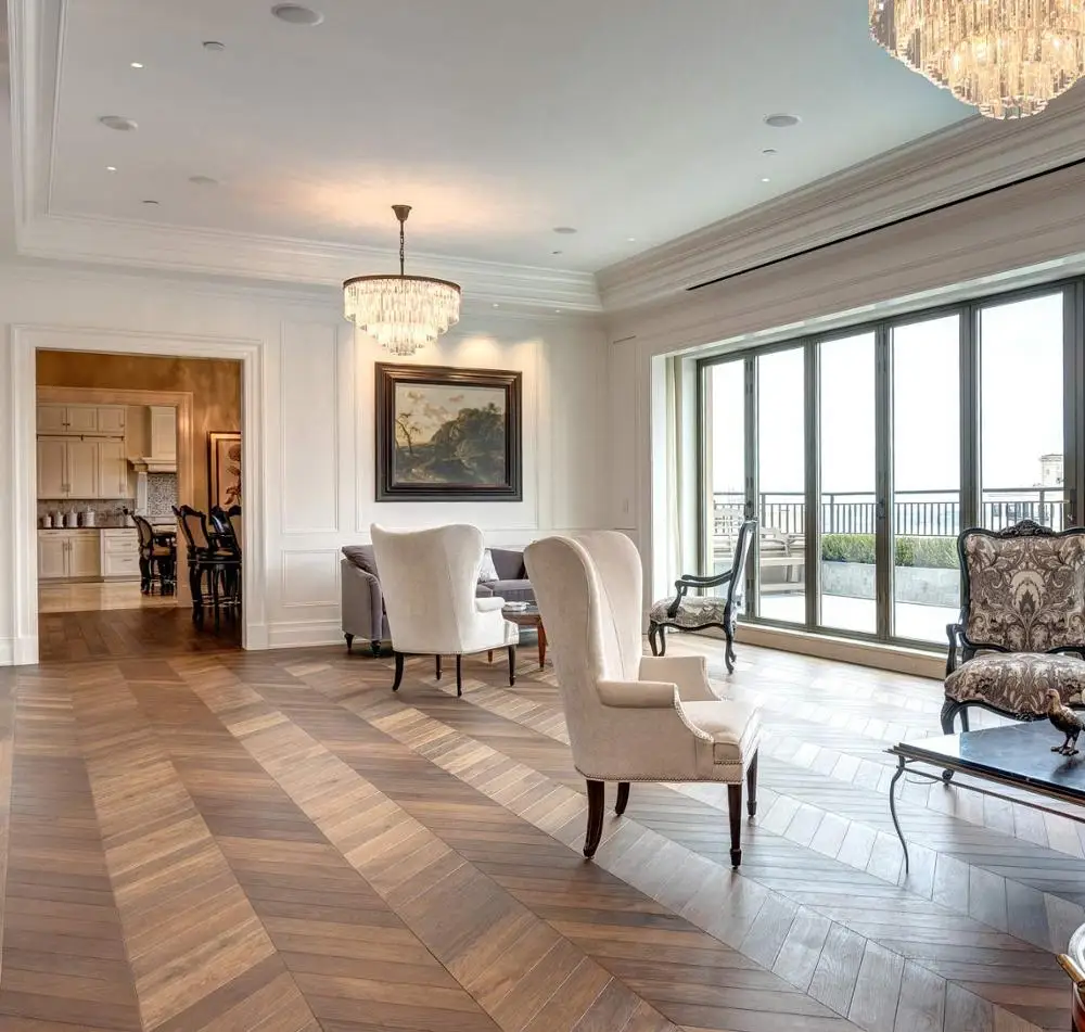 Walnut Color Stained Oak Hard Wood Flooring in Chevron Design