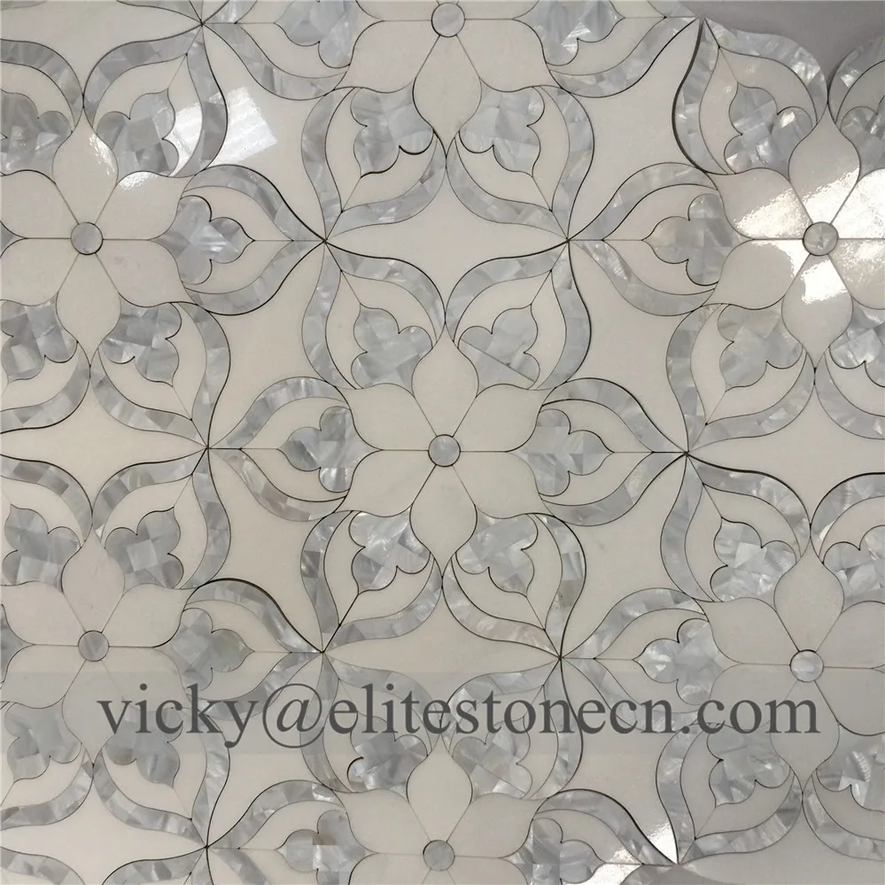 Thassos white marble mosaic flower designs ,mother of pearl flower mosaic ,seashell mix stone mosaic tile