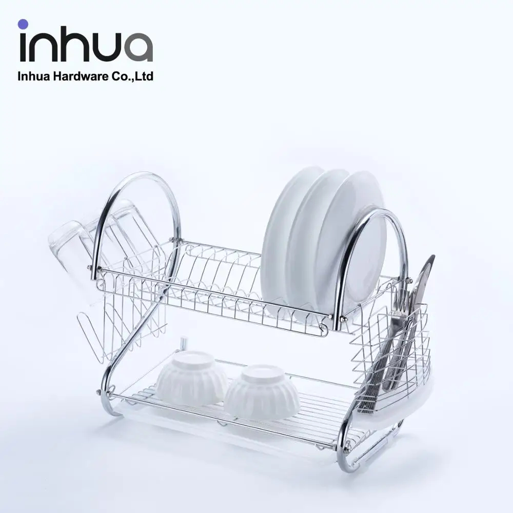 
S-shaped two-layer chrome-plated dish rack kitchen dish drying rack with drainboard 
