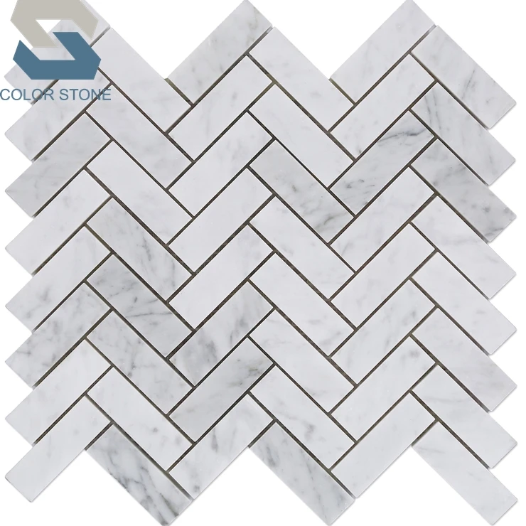 Carrara herringbone marble mosaic shower tile wall bathroom remodel design