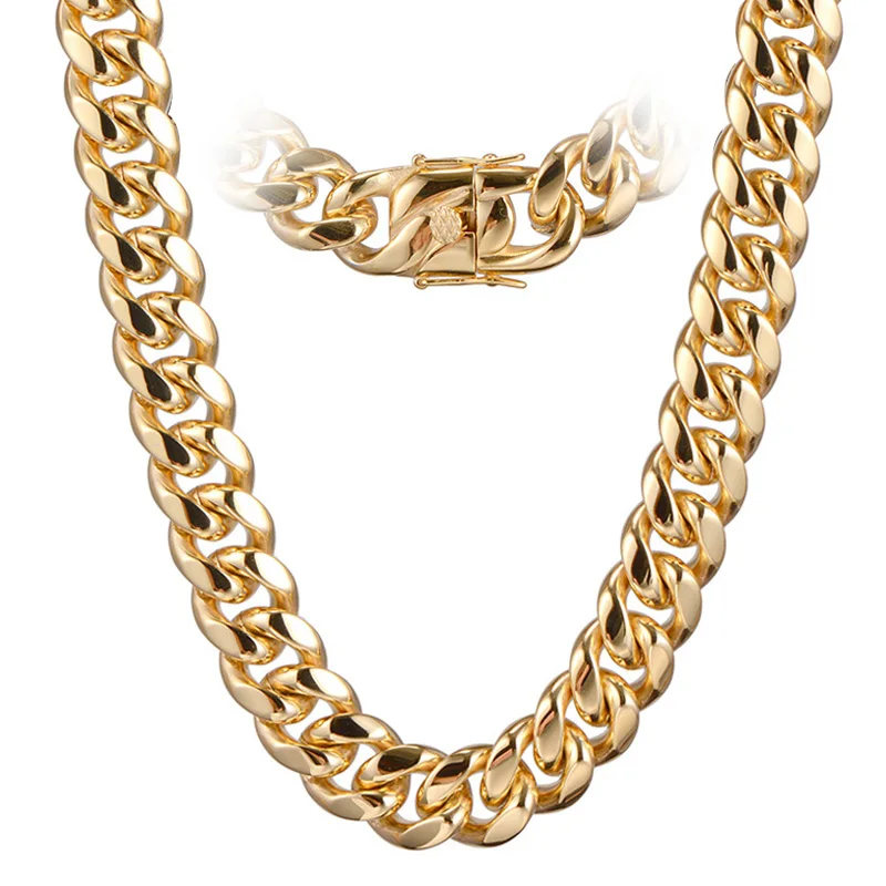High Quality PVD Gold Plating  Stainless Steel Miami 18mm Cuban Chain For Man