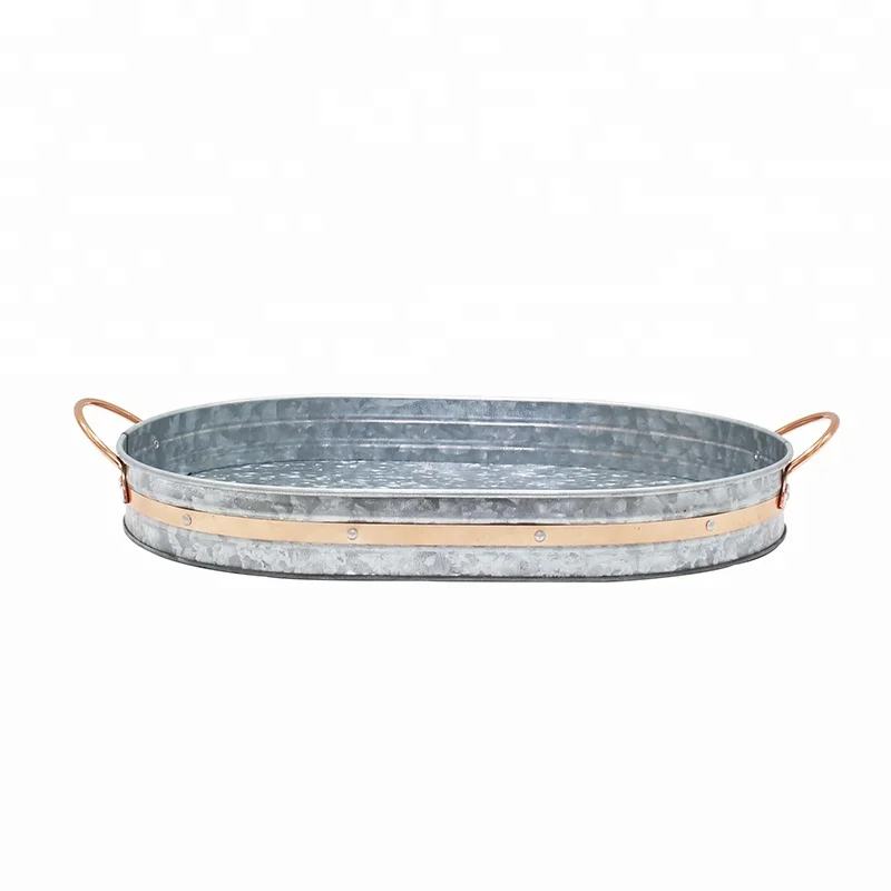 Factory wholesale oval galvanized tray with copper decor