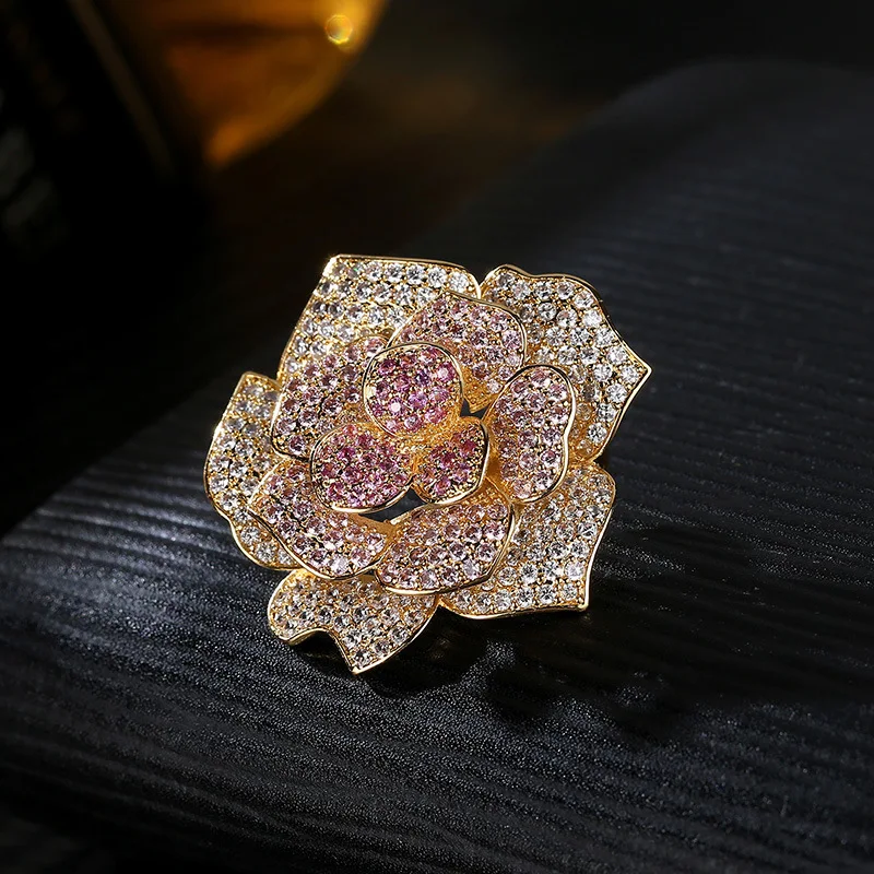 High quality luxury women copper cubic zircon gold plated rose flower brooch