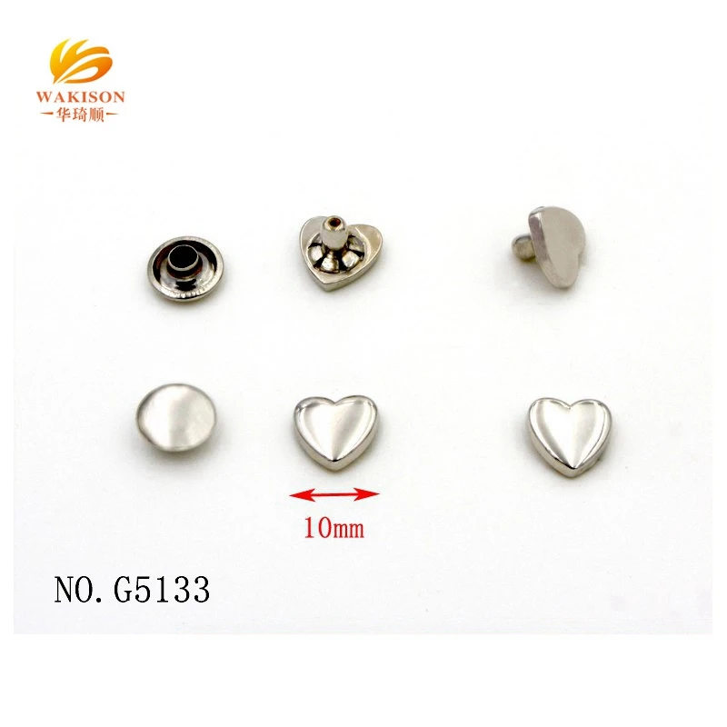 Wakison metal accessories factory custom heart shape metal rivet for fashion ladies bags