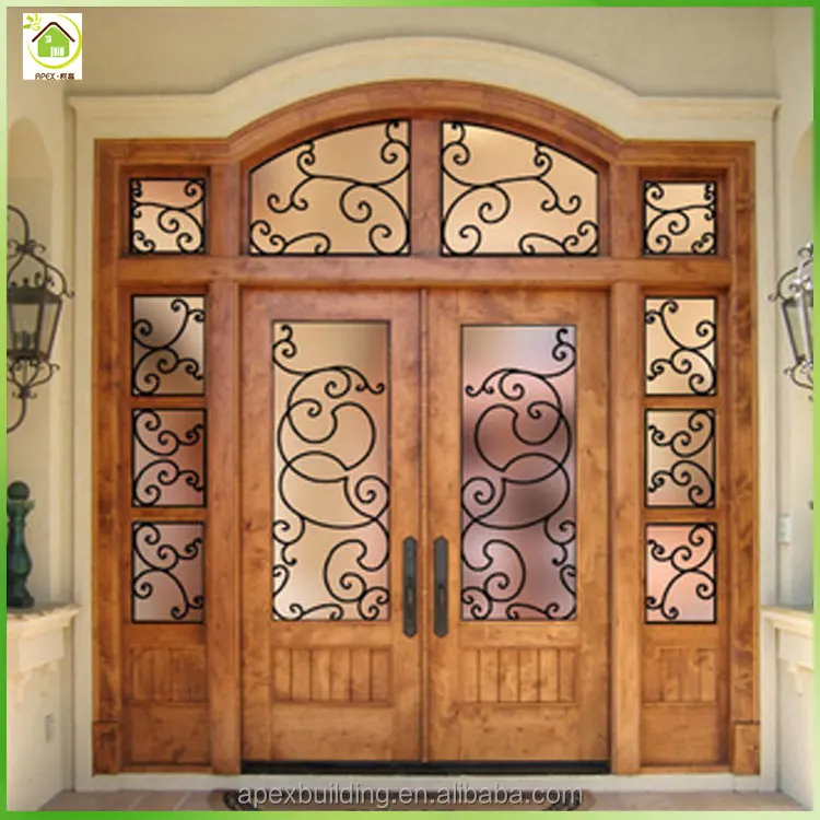 Teak raw wood main door design entrance doors with iron grill
