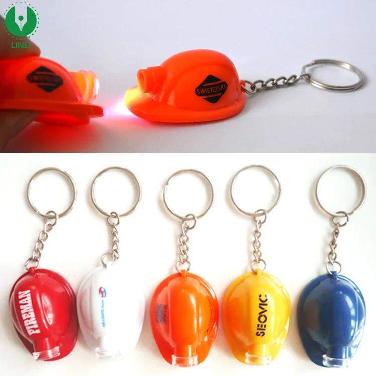 Giveaways Custom Logo Mini Plastic Light Up Led Helmet Keychain, Safety LED Flashlight Hat Keyring