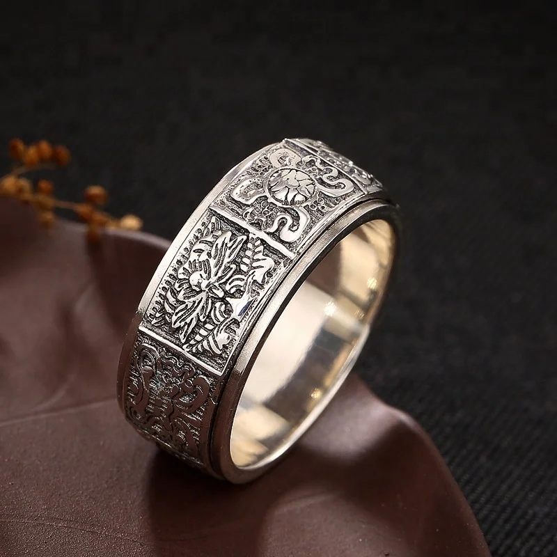 S925 Sterling Sliver Retro Men and Women Ring Buddhism Eight Auspicious Thai Silver Personality Rotatable Ring Jewelry