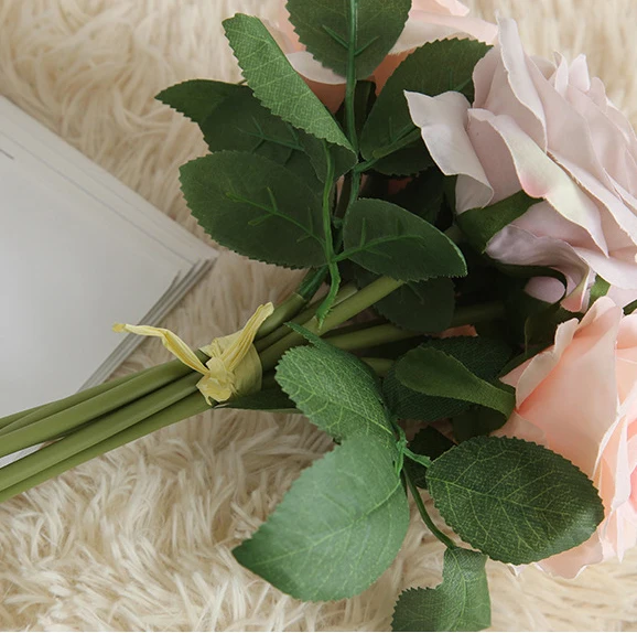 8 Heads Cheap Interior Red Rose Artificial Flower Bouquet Mini