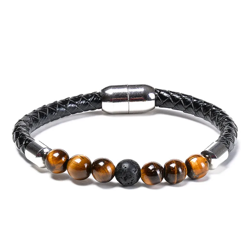 Wholesale Cheap Tiger Eye Stone Beads Bracelet Brown Genuine Leather Bracelets For Men Women