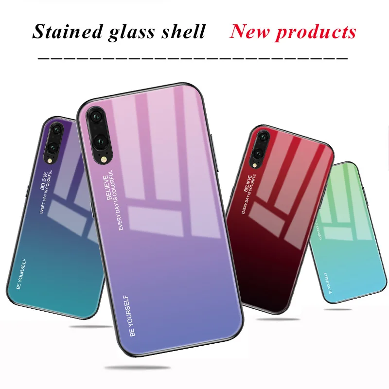 Colorful Rainbow Gradient Phone Case For Huawei P20, 2019 Nova 4E Y5 mate 20 P30  Pro Lite P smart plus Glass Cover