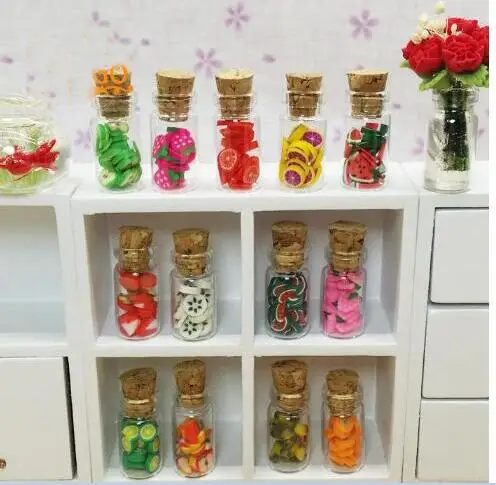 
1:12 Doll House Mini Food Accessories Fruit Slices Glass Bottle with Cork Cans 