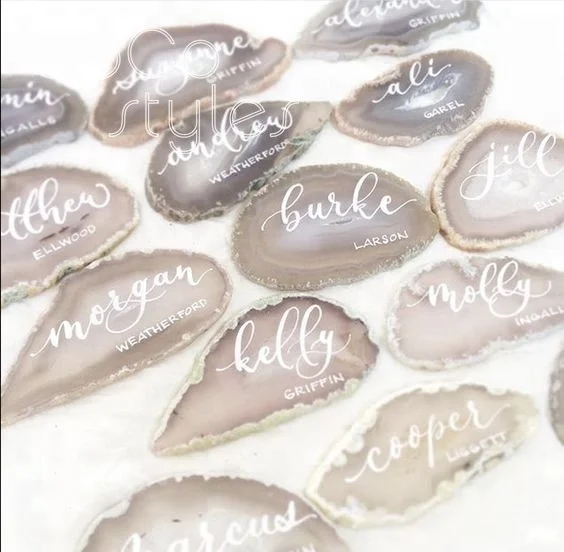Cocostyles personalized customized blank beautiful white agate guest name cards with handwriting for aesthetic wedding party