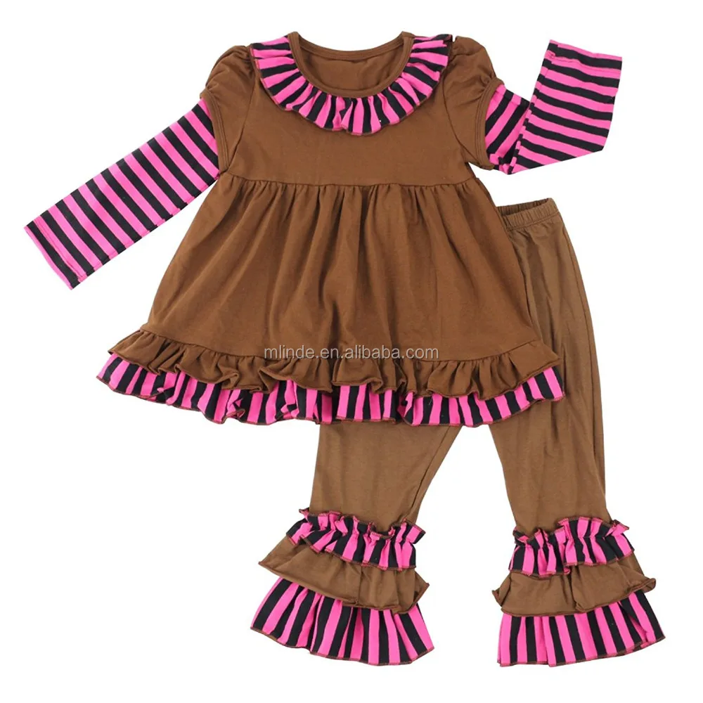 Girls Striped Knit Cotton Clothing Sets Top Dress And Ruffle Pants Kids Clothes