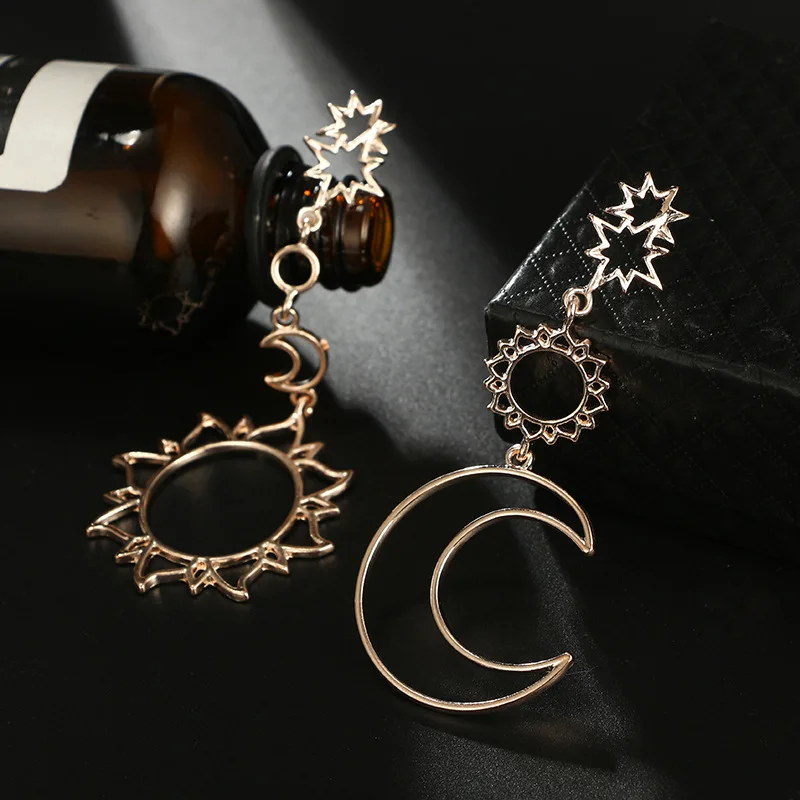 2019 Fashion Jewelry Women Long Drop Stud Earrings Rose Gold Vintage Hollow Sun Moon And Star Asymmetric Earrings Girls